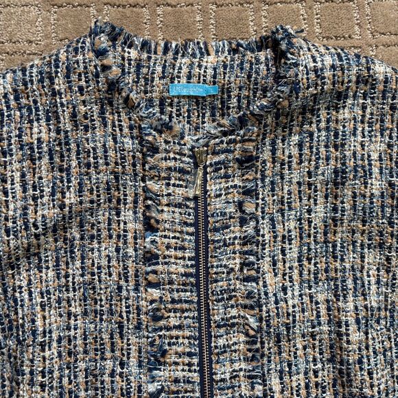 J. McLaughlin Tweed Coat Jacket Women's L Blue Tan Zip Up Preppy Frayed Trim - Picture 3 of 8